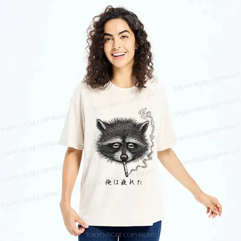 Kyoto-Lion The Funny Raccoon is Tired Washed T-Shirt