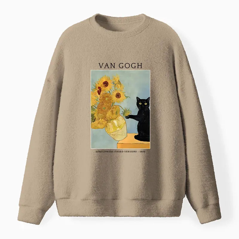 Kyoto-Lion Black Cat With Sunflowers Fuzzy Sweatshirt