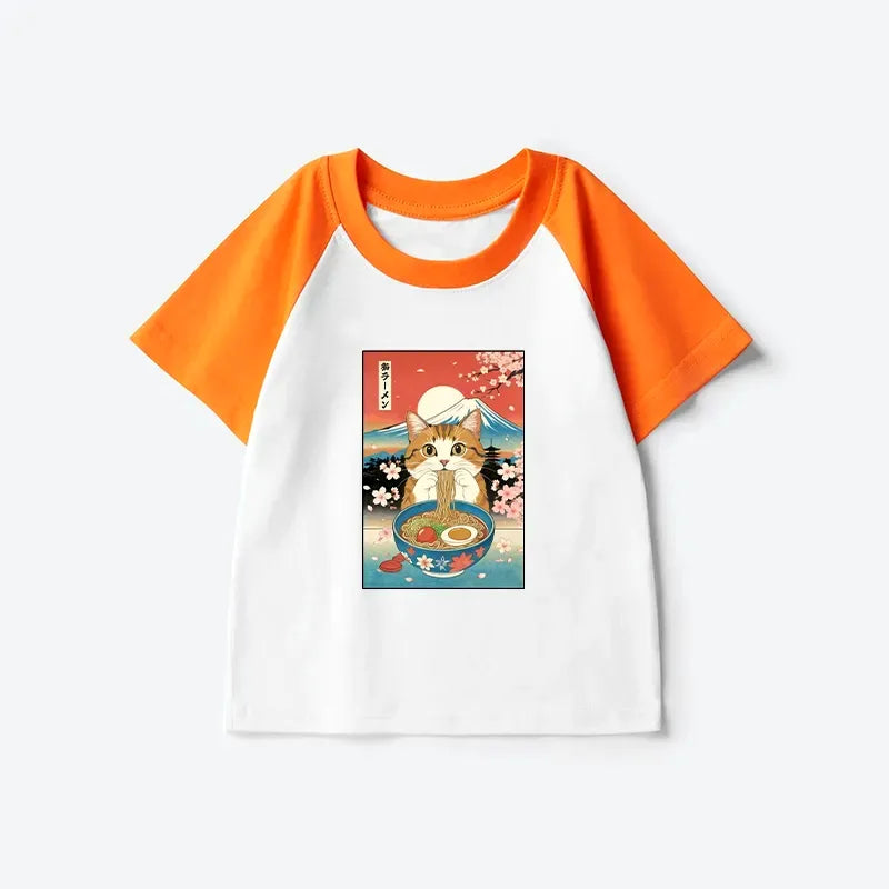 Kyoto-Lion Funny Orange Cat Eating Ramen Japan Kids Raglan T-shirt