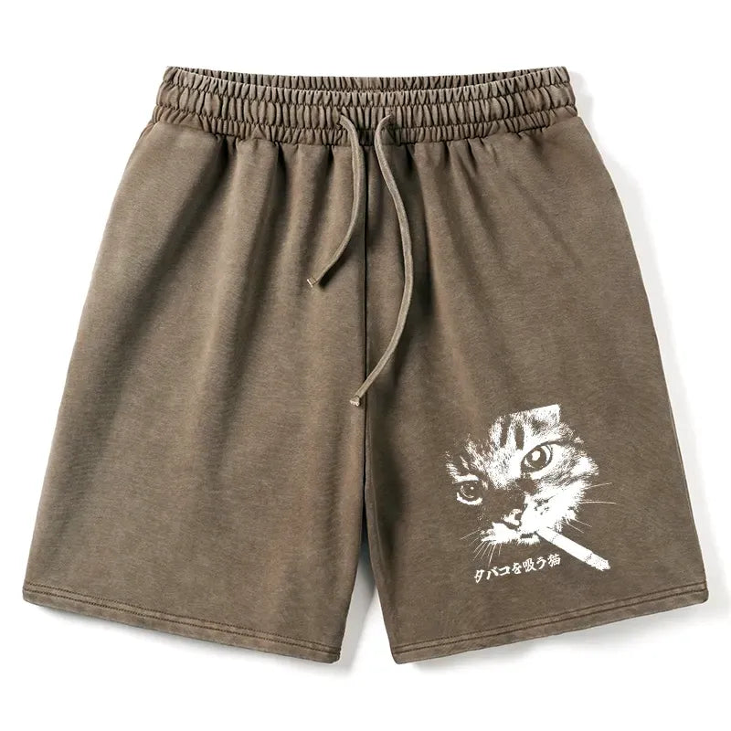 Kyoto-Lion Retro Cat Smoking Washed Shorts