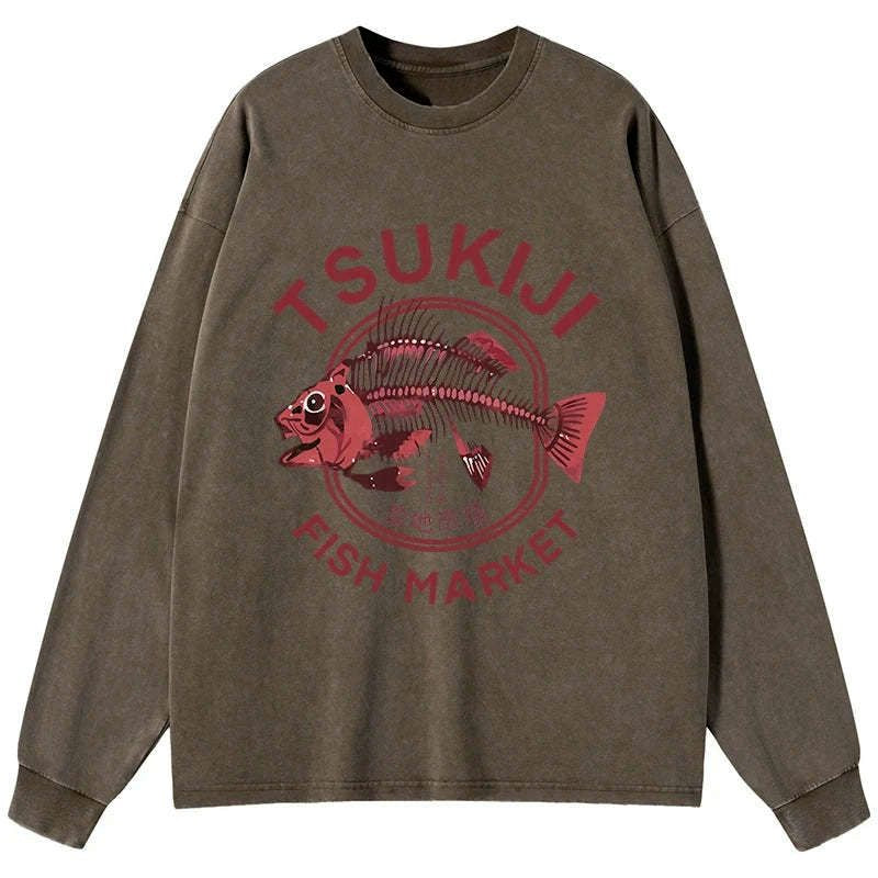 Kyoto-Lion Tokyo Tsukiji Fish Market Vintage Japan Washed Long Sleeve T-Shirt