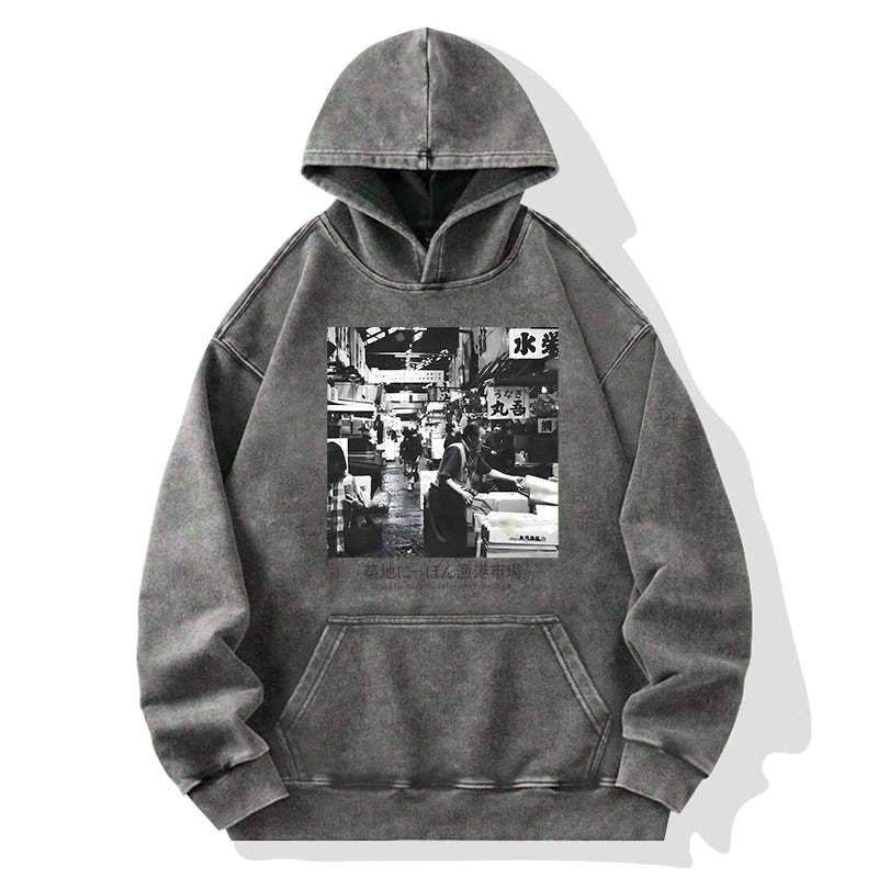 Kyoto-Lion Tsukiji Fish Market Photo Washed Hoodie
