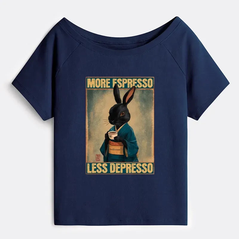 Kyoto-Lion More Espresso Less Depresso Rabbit Off Shoulder T-Shirt