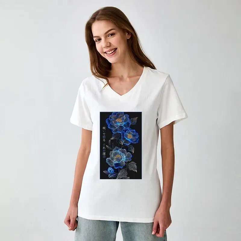 Japanese Dark Floral V-Neck T-Shirt