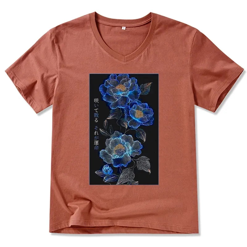 Japanese Dark Floral V-Neck T-Shirt