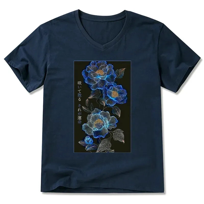 Japanese Dark Floral V-Neck T-Shirt