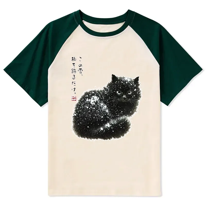 Kyoto-Lion Black Cat Adorned by Snow Raglan T-shirt