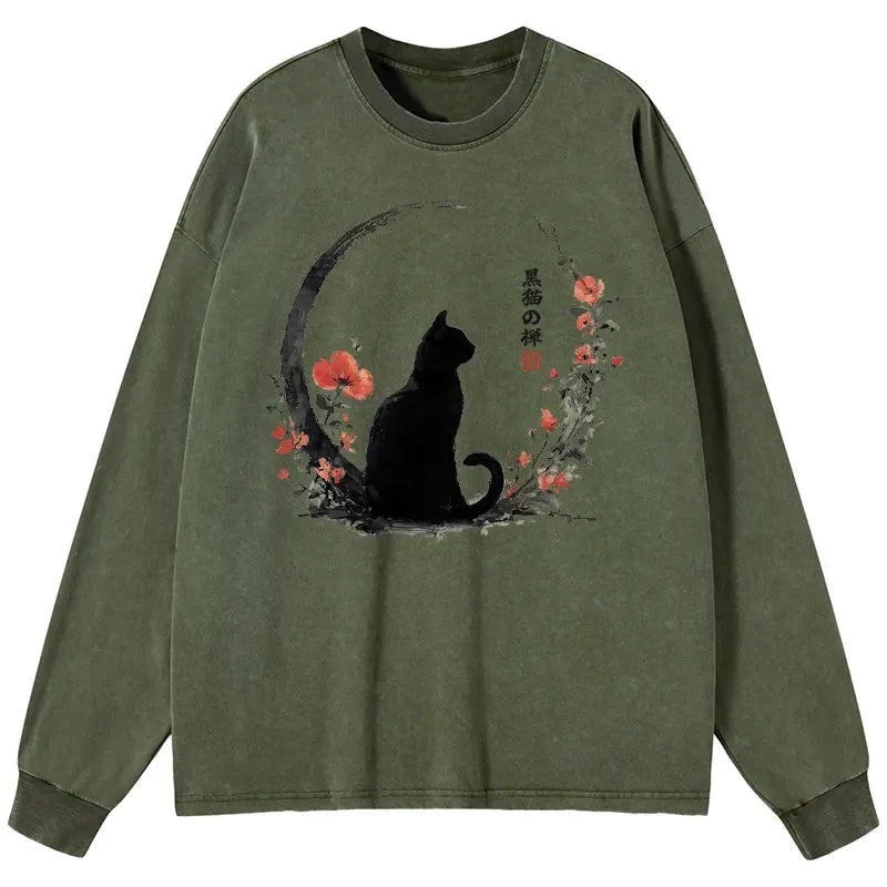 Japanese Black Cat Flowers Long Sleeve