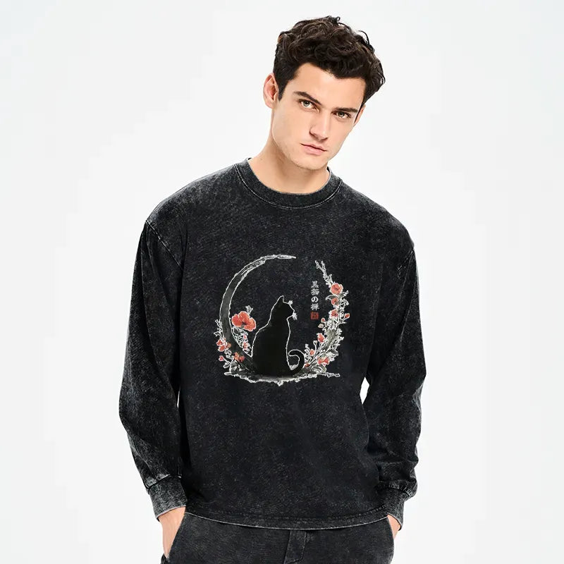 Japanese Black Cat Flowers Long Sleeve