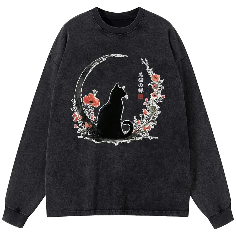 Kyoto-Lion Black Cat And Flowers Washed Long Sleeve T-Shirt