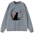 Kyoto-Lion Black Cat And Flowers Washed Long Sleeve T-Shirt