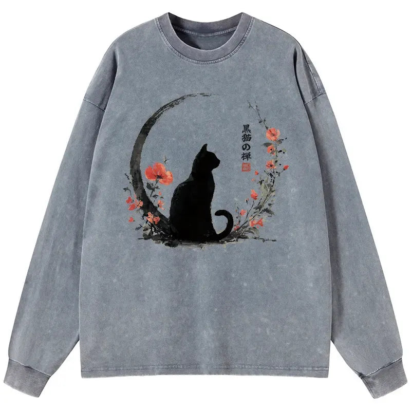 Kyoto-Lion Black Cat And Flowers Washed Long Sleeve T-Shirt