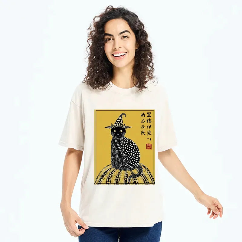 Black cat ukiyo-e streetwear tee