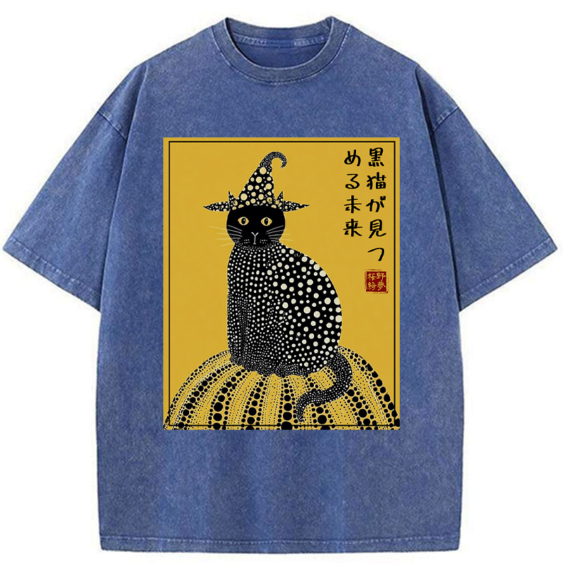 Japanese black cat washed t-shirt