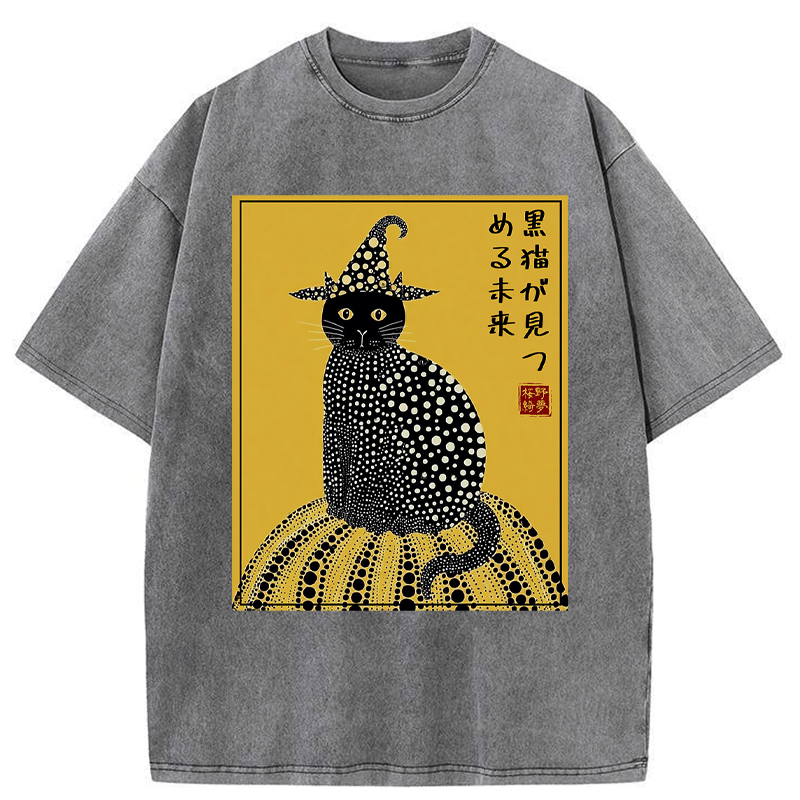 Black cat ukiyo-e streetwear tee