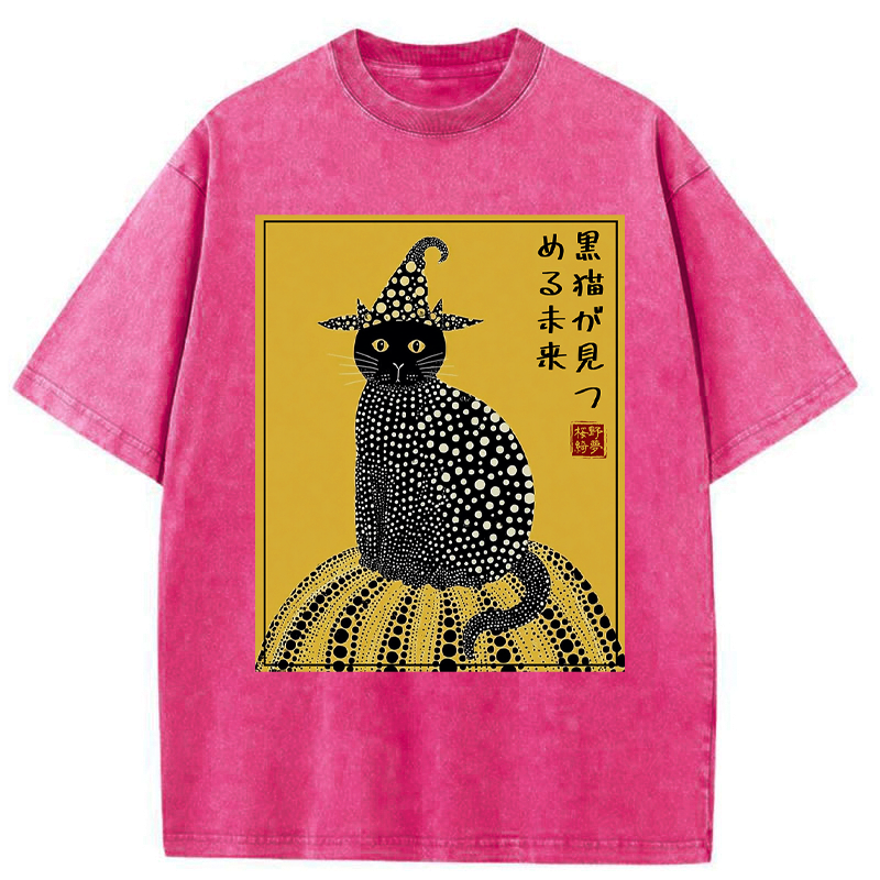 Kyoto-Lion Black Cat's Glimpse of the Future Washed T-Shirt