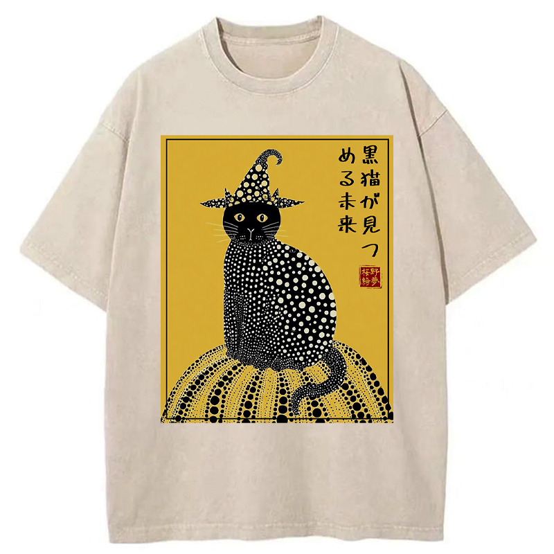 Black cat ukiyo-e streetwear tee