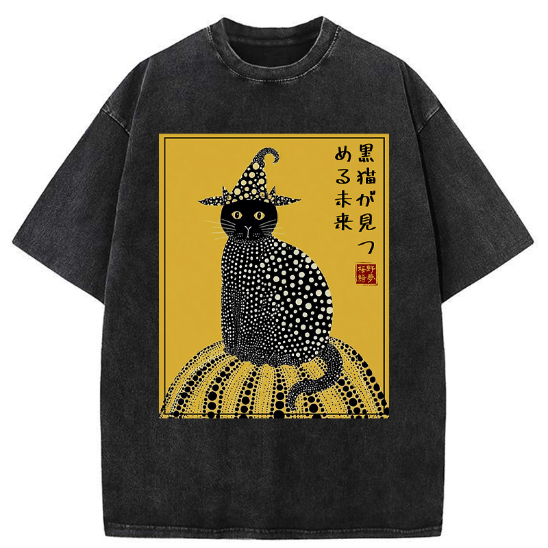 Kyoto-Lion Black Cat's Glimpse of the Future Washed T-Shirt