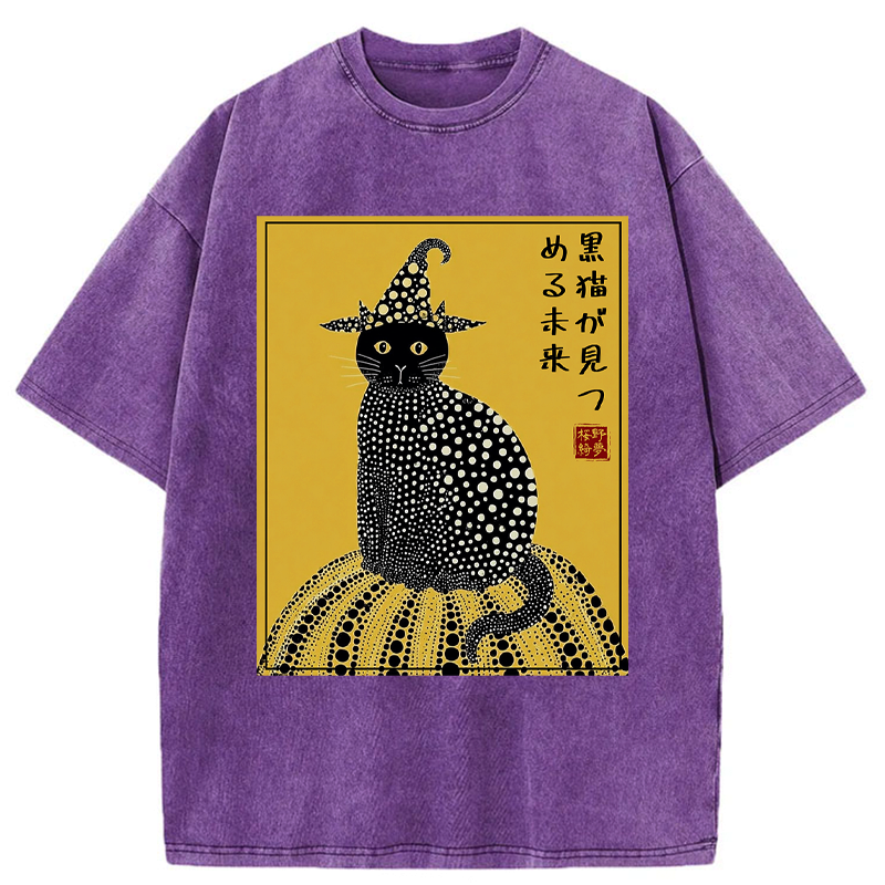 Kyoto-Lion Black Cat's Glimpse of the Future Washed T-Shirt
