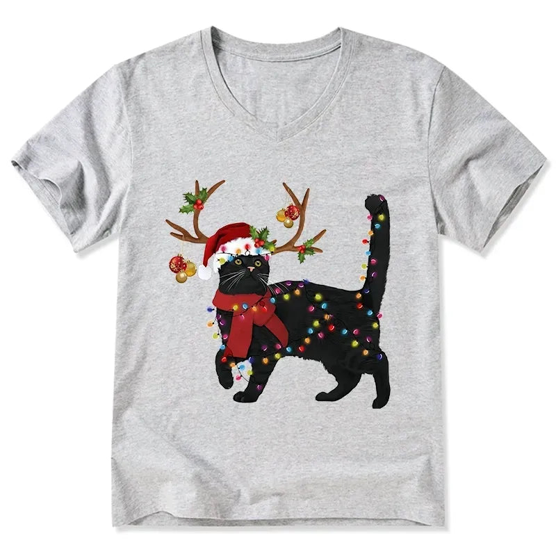 Kyoto-Lion Christmas Black Cat V-Neck Classic T-Shirt