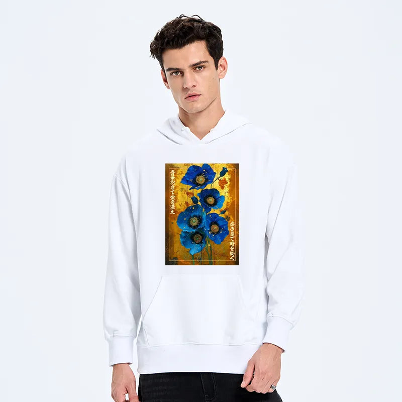 Kyoto-Lion Shiny Blue Flower Warm Golden Background Classic Hoodie