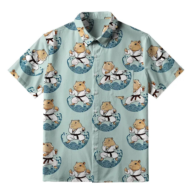 Kyoto-Lion Cute Capybara Taekwondo Button-up Shirt