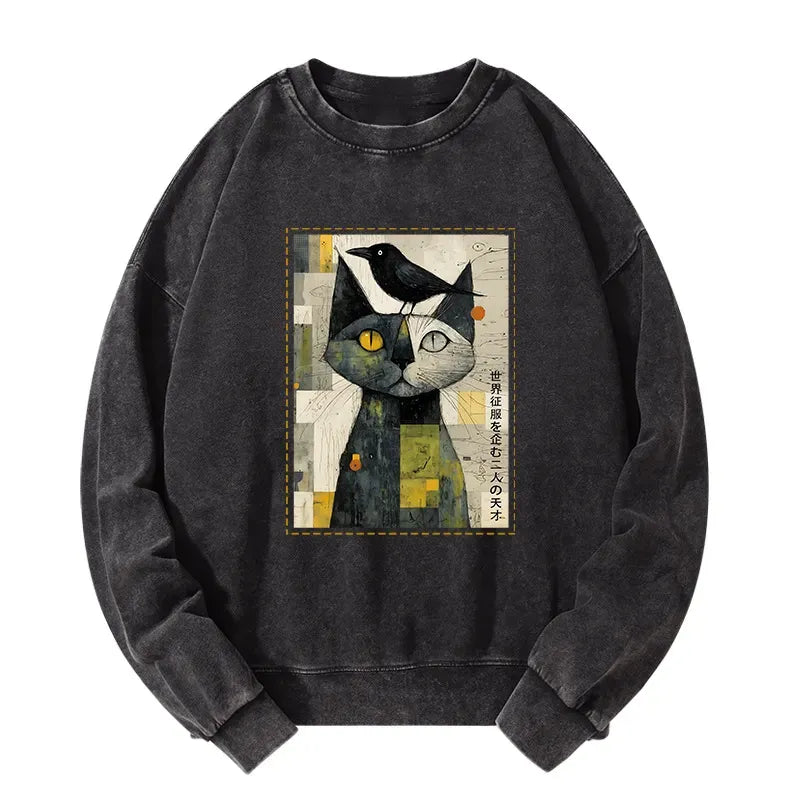 Japanese Cat Raven Washed Sweatshirt Free Shipping