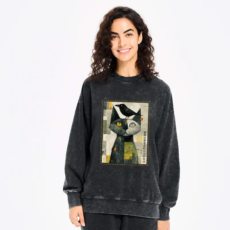 Japanese Cat Raven Washed Sweatshirt Free Shipping