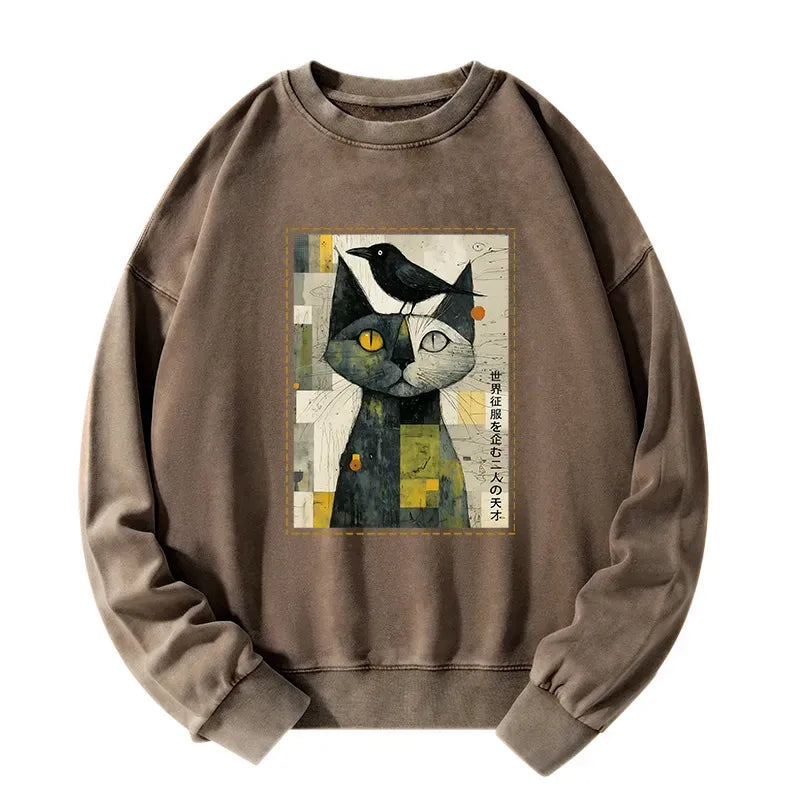 Japanese Cat Raven Washed Sweatshirt Free Shipping
