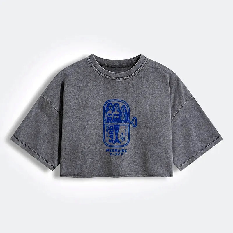 Kyoto-Lion Mermaid Can Women's Washed Crop T-Shirt