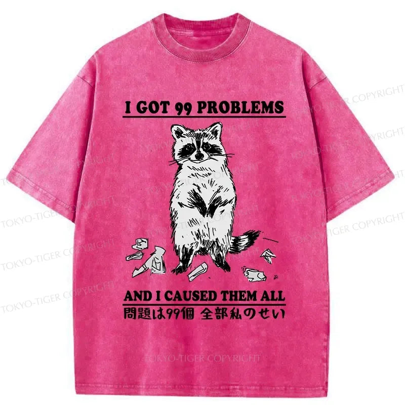 Kyoto-Lion Funny Raccoon Causes 99 Problems Washed T-Shirt