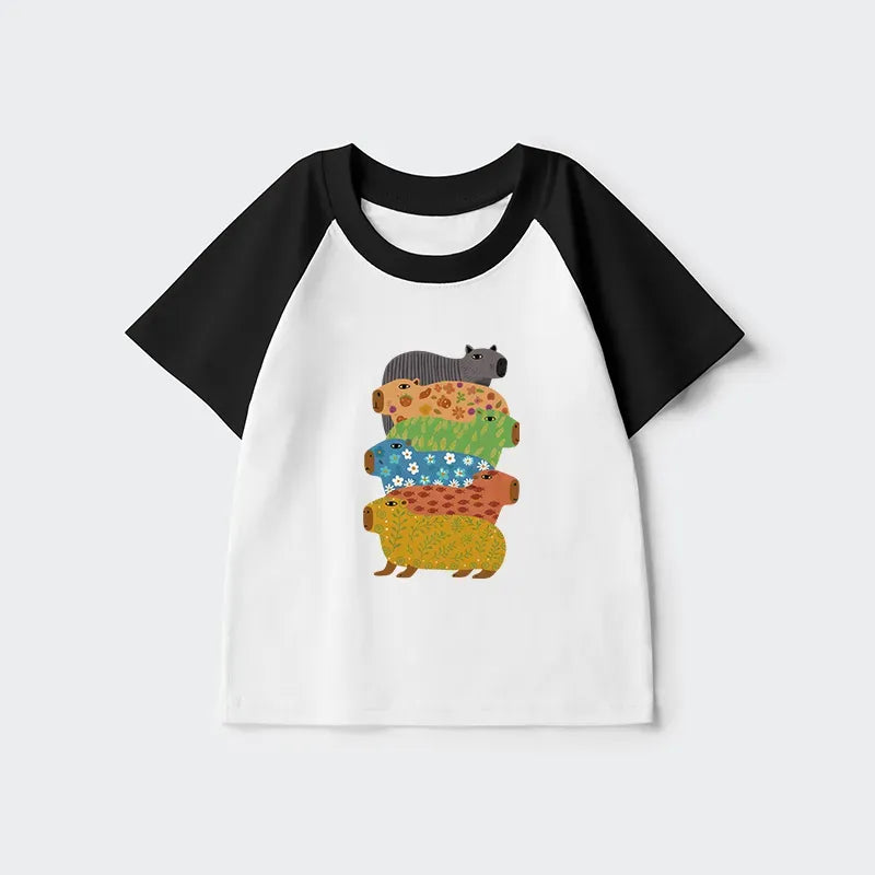 Kyoto-Lion Colorful Capybaras Kids Raglan T-shirt