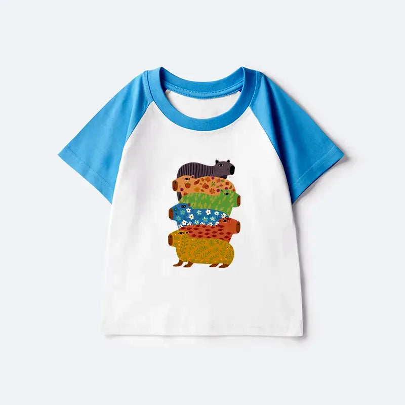 Kyoto-Lion Colorful Capybaras Kids Raglan T-shirt