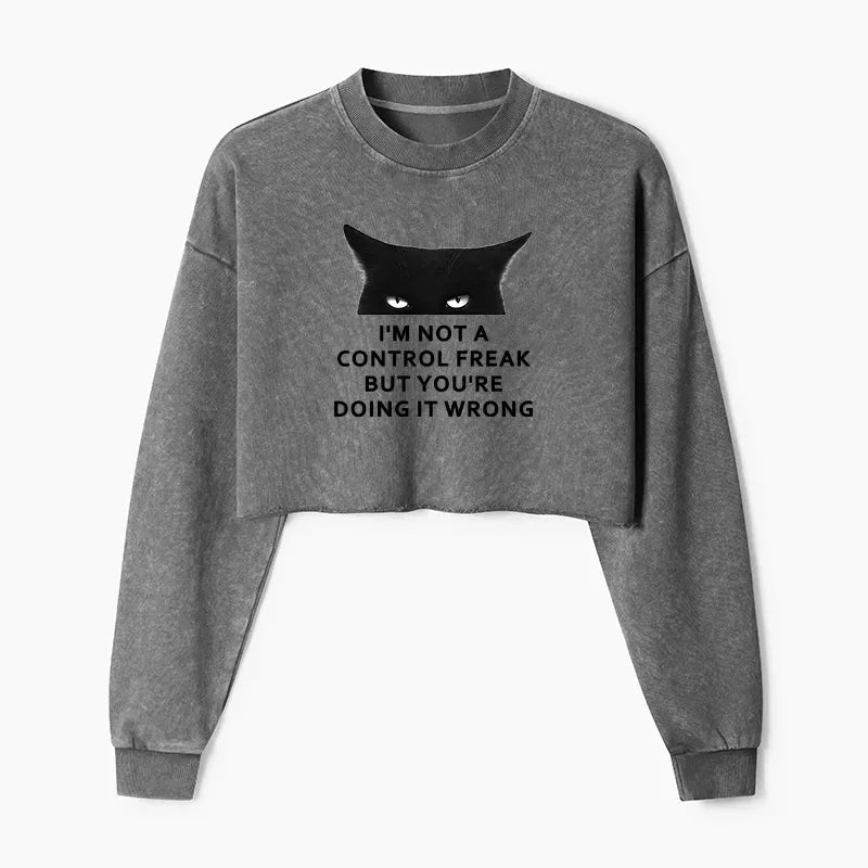 Kyoto-Lion Control Freak Funny Washed Crop Sweatshirt