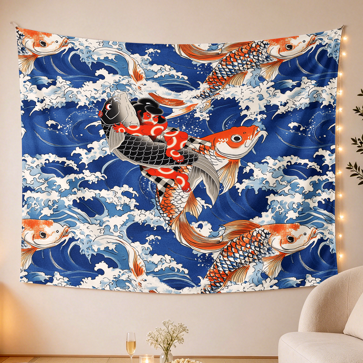 Kyoto-Lion Sumo Wrestler Holding A Koi Tapestry
