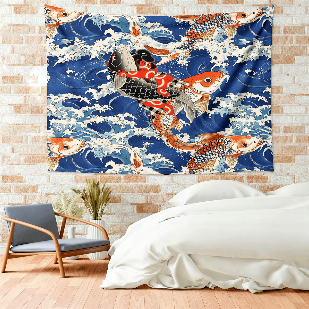 Kyoto-Lion Sumo Wrestler Holding A Koi Tapestry