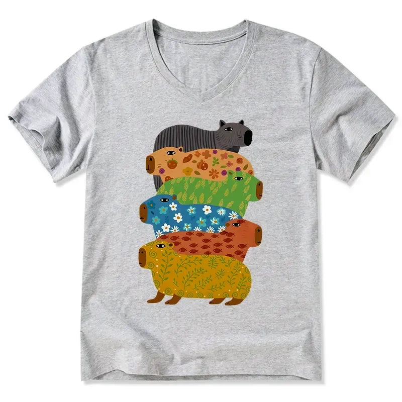 Kyoto-Lion Colorful Capybaras V-Neck Classic T-Shirt