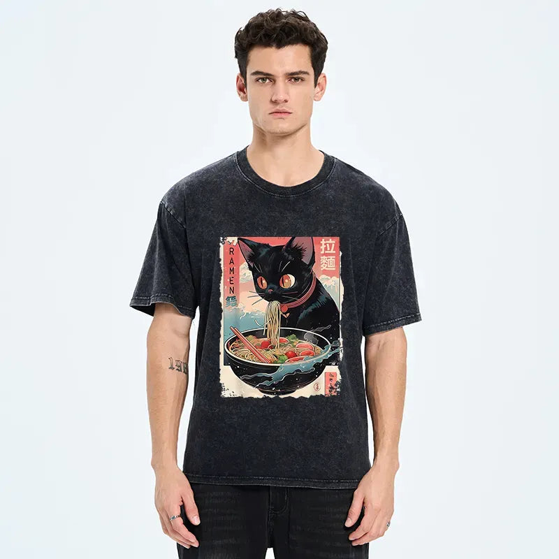 Washed Japanese T-Shirt with Eating Cat