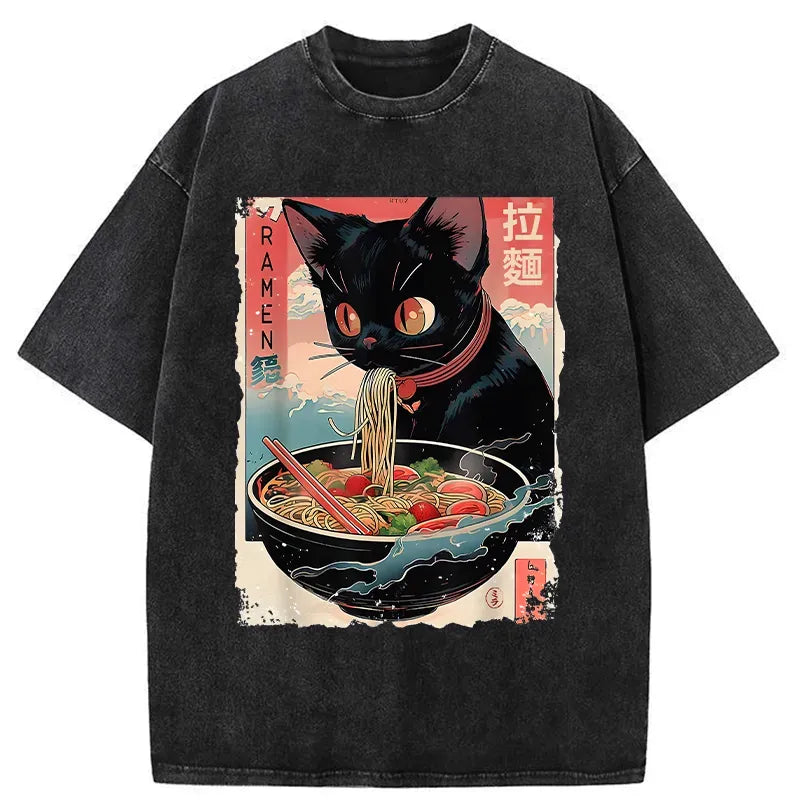 Vintage Japanese Cat Ramen Tee for Summer