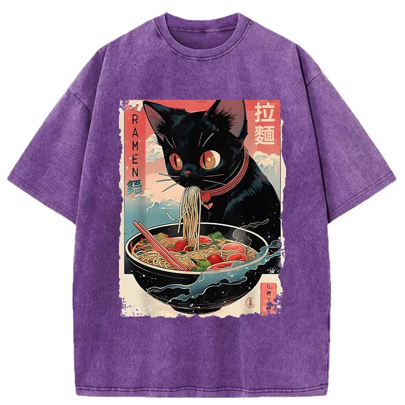 Kyoto-Lion Black Cat Eating Ramen Japanese Washed T-Shirt