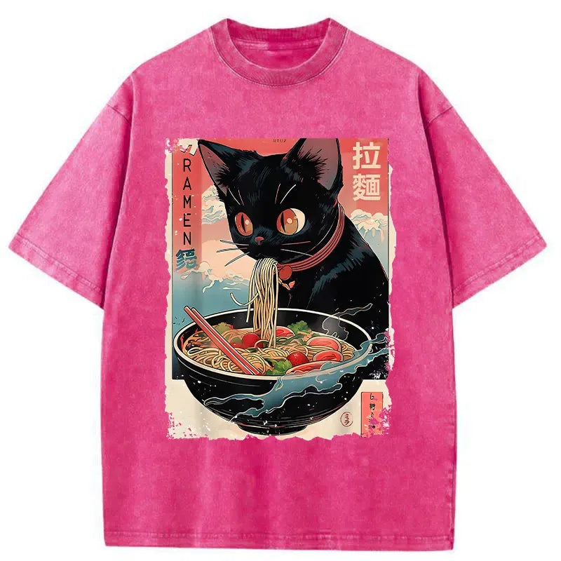 Japanese Black Cat Ramen T-Shirt for Daily Wear