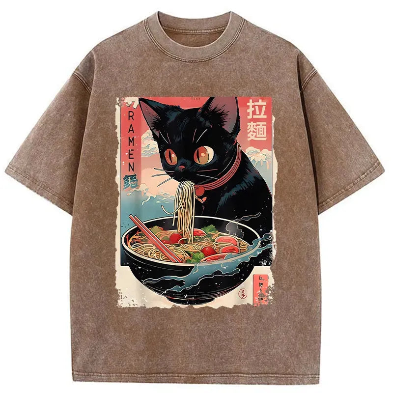 Japanese Black Cat Ramen T-Shirt for Daily Wear