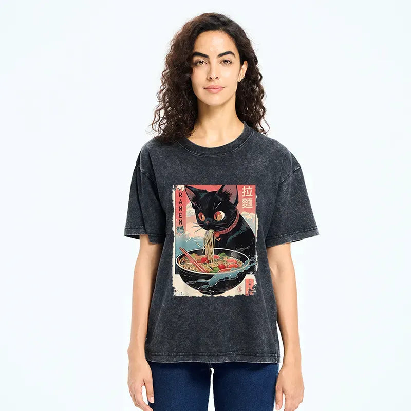 Japanese Black Cat Ramen T-Shirt for Daily Wear