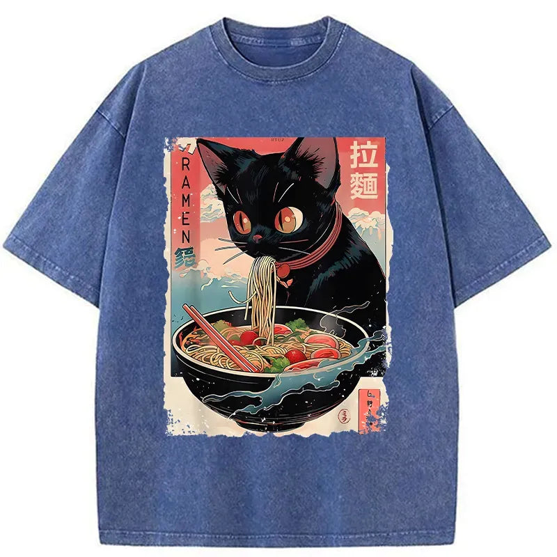 Kyoto-Lion Black Cat Eating Ramen Japanese Washed T-Shirt