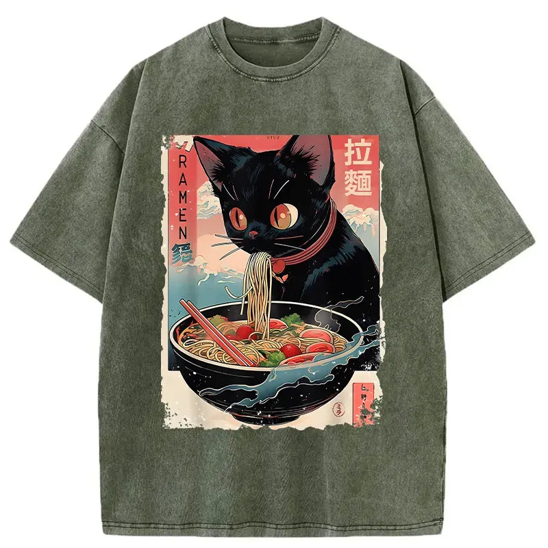 Washed Japanese T-Shirt with Eating Cat