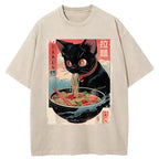 Japanese Black Cat Ramen T-Shirt for Daily Wear