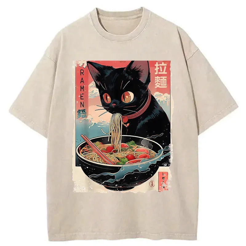 Japanese Black Cat Ramen T-Shirt for Daily Wear