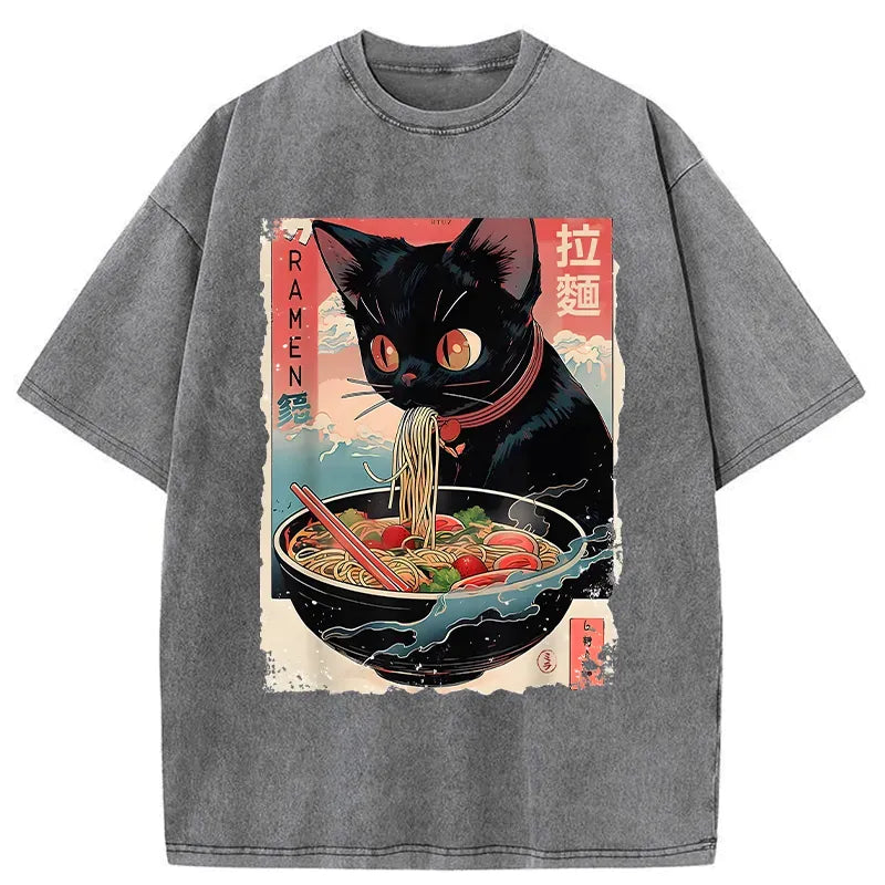 Vintage Japanese Cat Ramen Tee for Summer