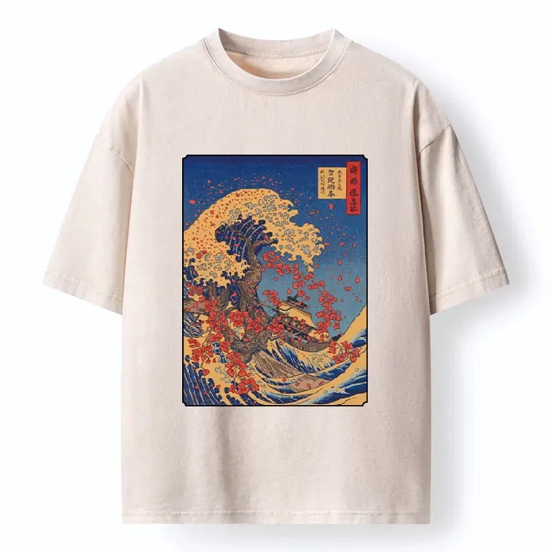 Washed Ukiyo-e T-shirt for Streetwear