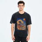 Kyoto-Lion Ukiyo-E Style Great Wave Print Washed T-Shirt